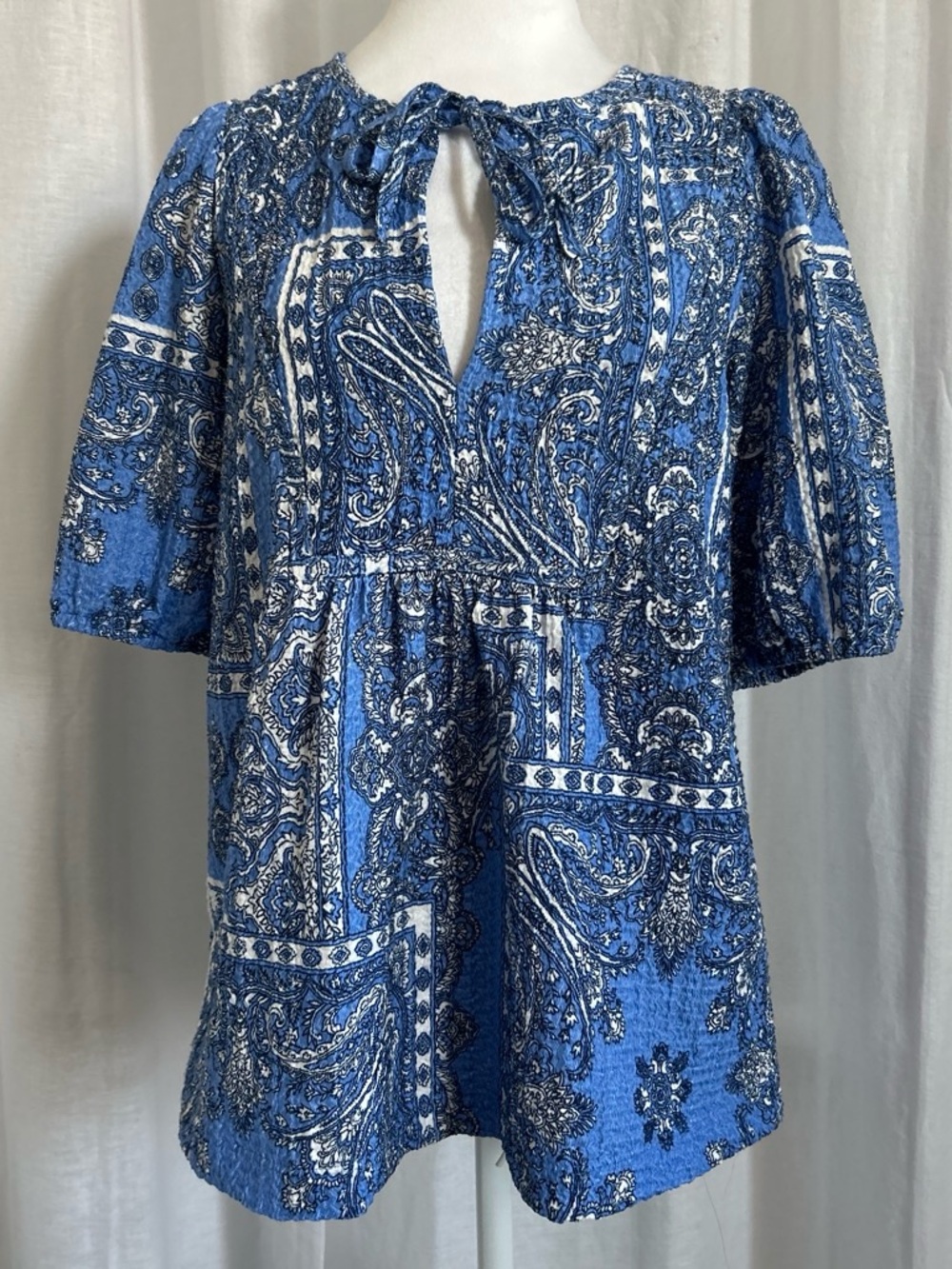 LOFT Blue Paisley Tie-Front Blouse
